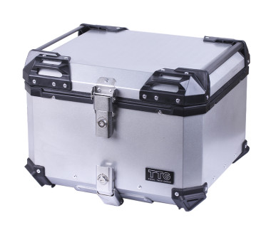 Кофр прямокутний TTG для мотоцикла алюмінієвий срібний, зі спинкою та двома замками, 57л