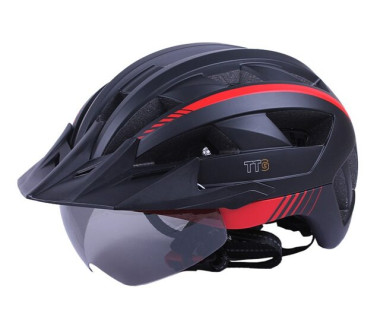 Шолом захисний чорний з червоним з габаритним ліхтарем, козирком та окулярами size L - TTG