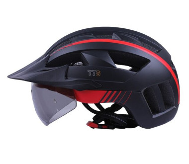 Шолом захисний чорний з червоним з габаритним ліхтарем, козирком та окулярами size L - TTG